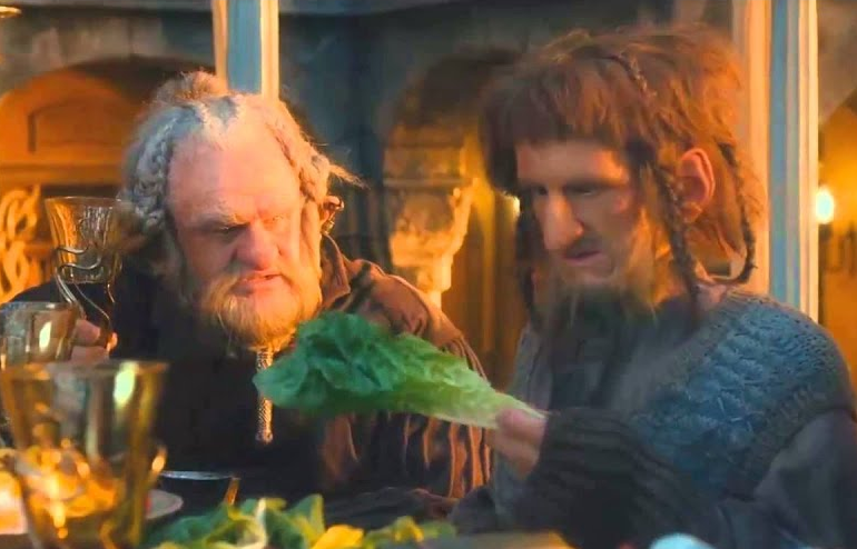 Scene from the Hobbit movie: Dwarves reluctantly eating salad in Rivendell