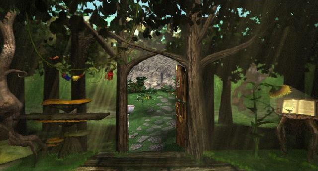 the doorway of a magical house, formed by two branching trees